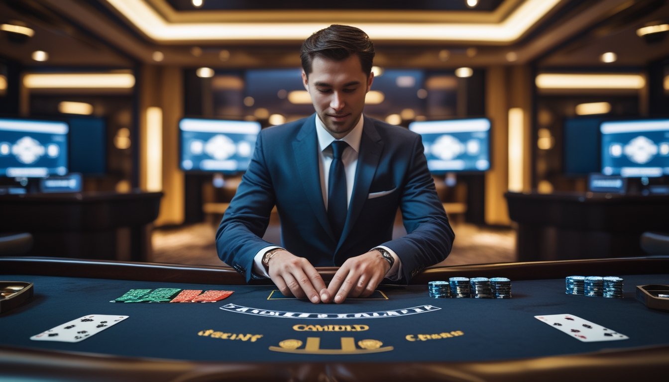 Dealer profesional memperlihatkan kartu di meja baccarat dalam studio kasino modern.