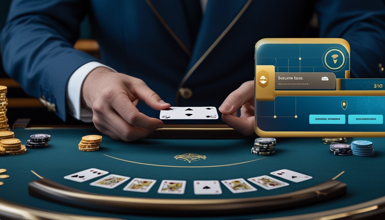 Meja baccarat dengan kartu, chip kasino, dan perangkat digital yang menampilkan simbol keamanan.