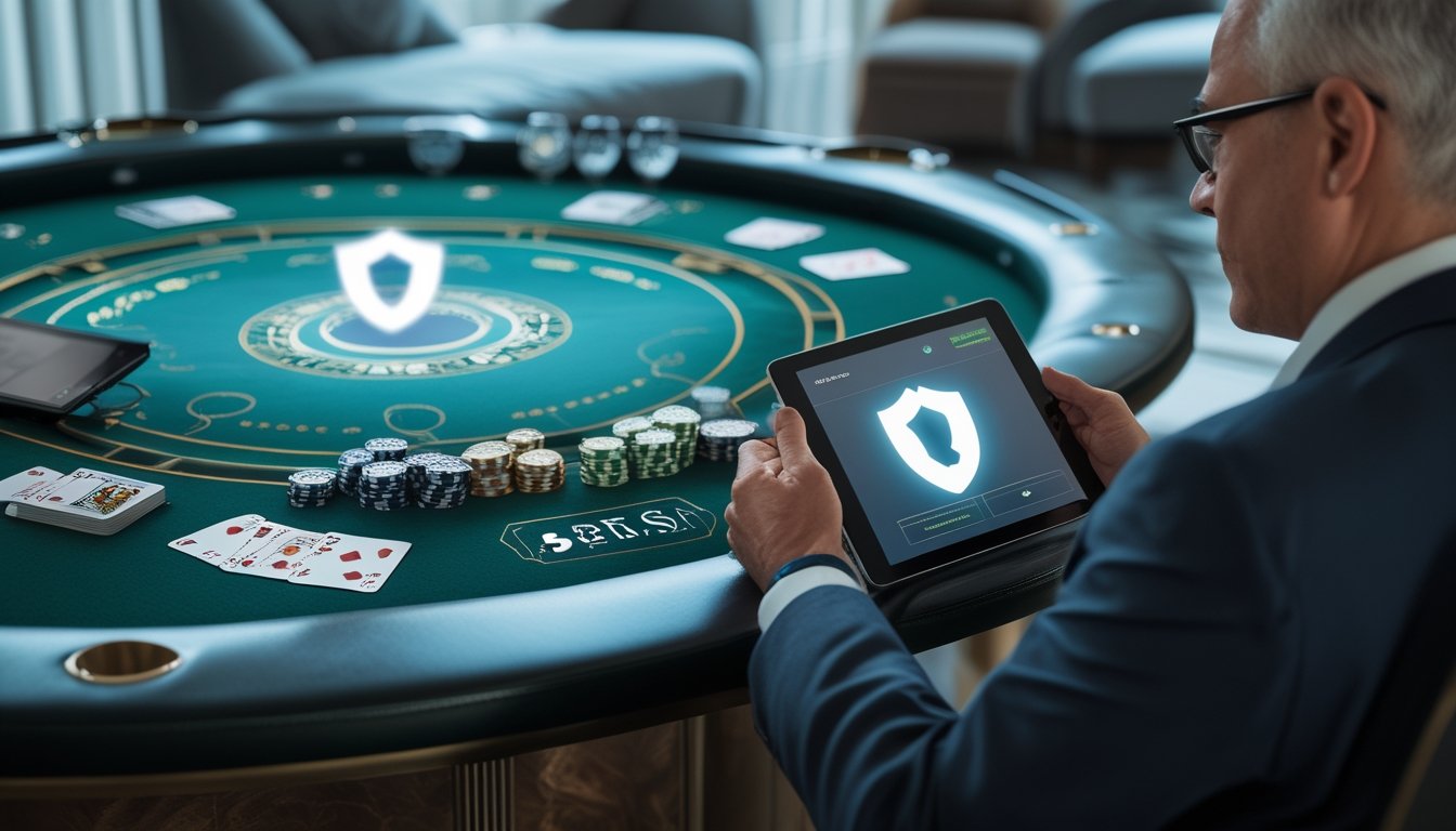 Seseorang meninjau platform baccarat di dekat meja permainan dengan kartu, keping kasino, dan simbol keamanan.