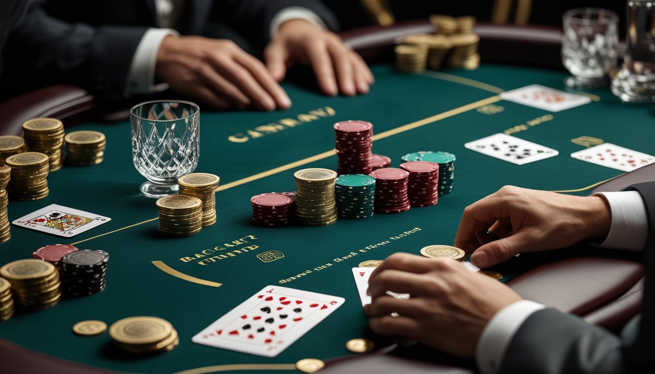 Meja baccarat elegan dengan kartu, tumpukan chip kasino, dan perangkat digital di dalam suasana kasino mewah.