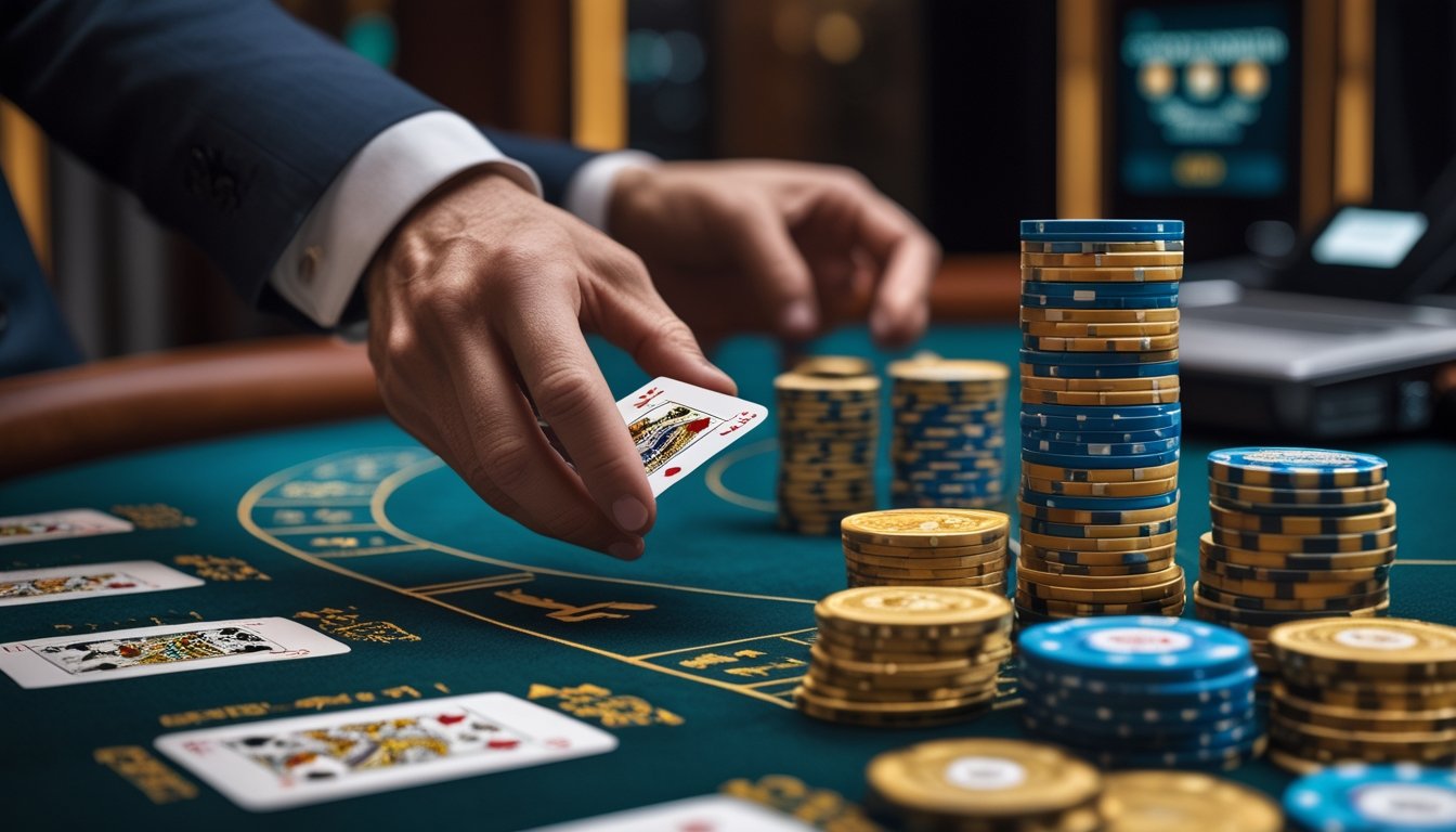 Dealer membuka kartu baccarat di atas meja dengan chip kasino dan perangkat digital di latar belakang.