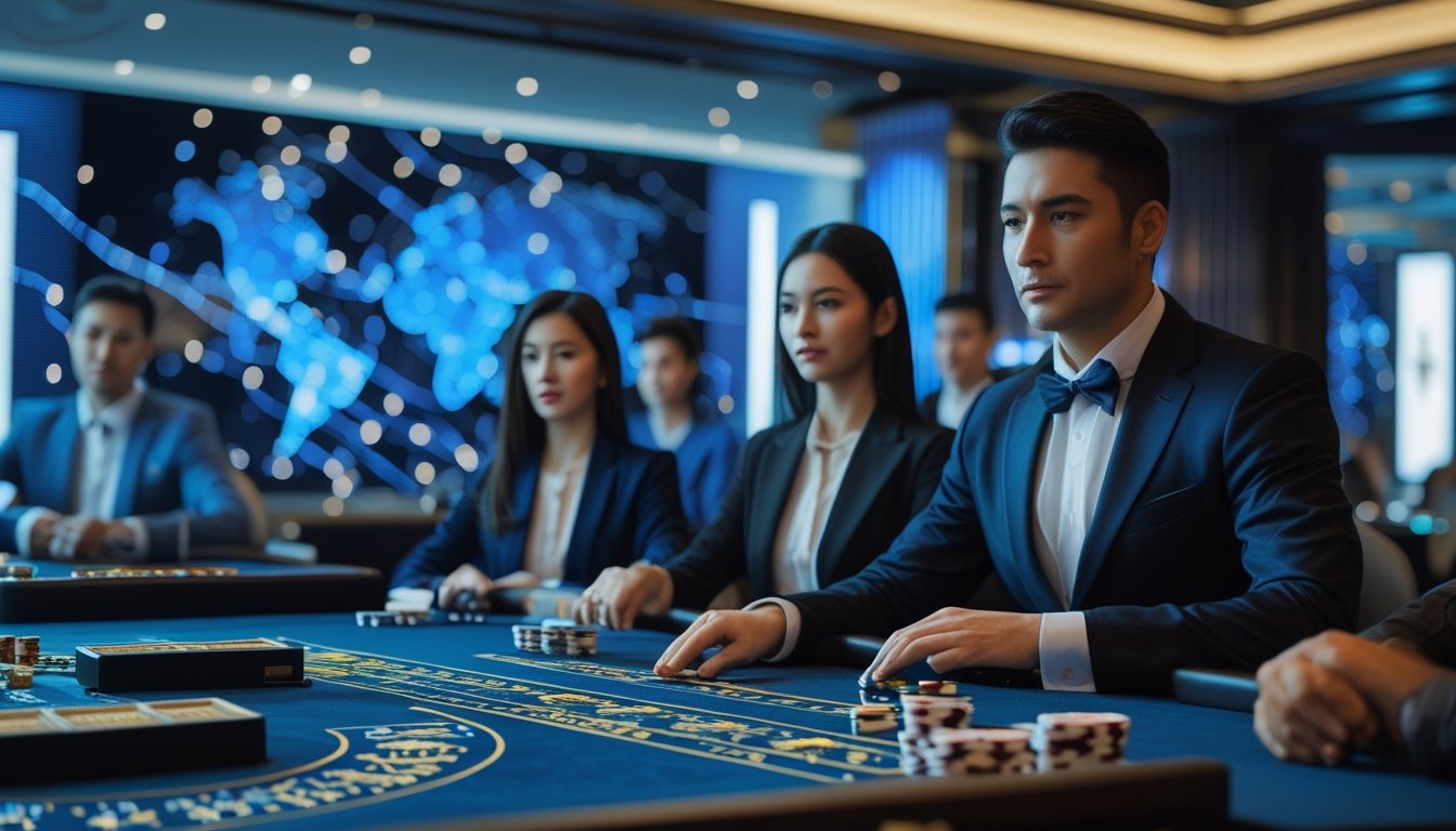 Meja baccarat elegan dengan kartu, chip, dealer, dan latar jaringan digital global.