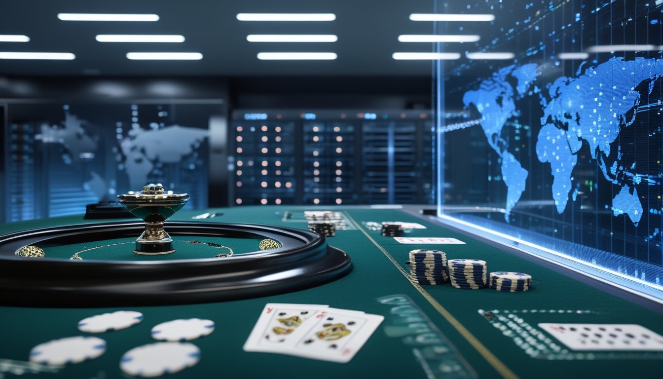 Meja baccarat dengan kartu dan keping kasino di depan ruang server modern yang terhubung secara digital.