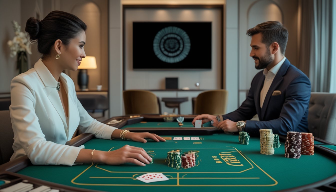 Seseorang memainkan baccarat bersama dealer di meja permainan dalam ruang rumah yang elegan.
