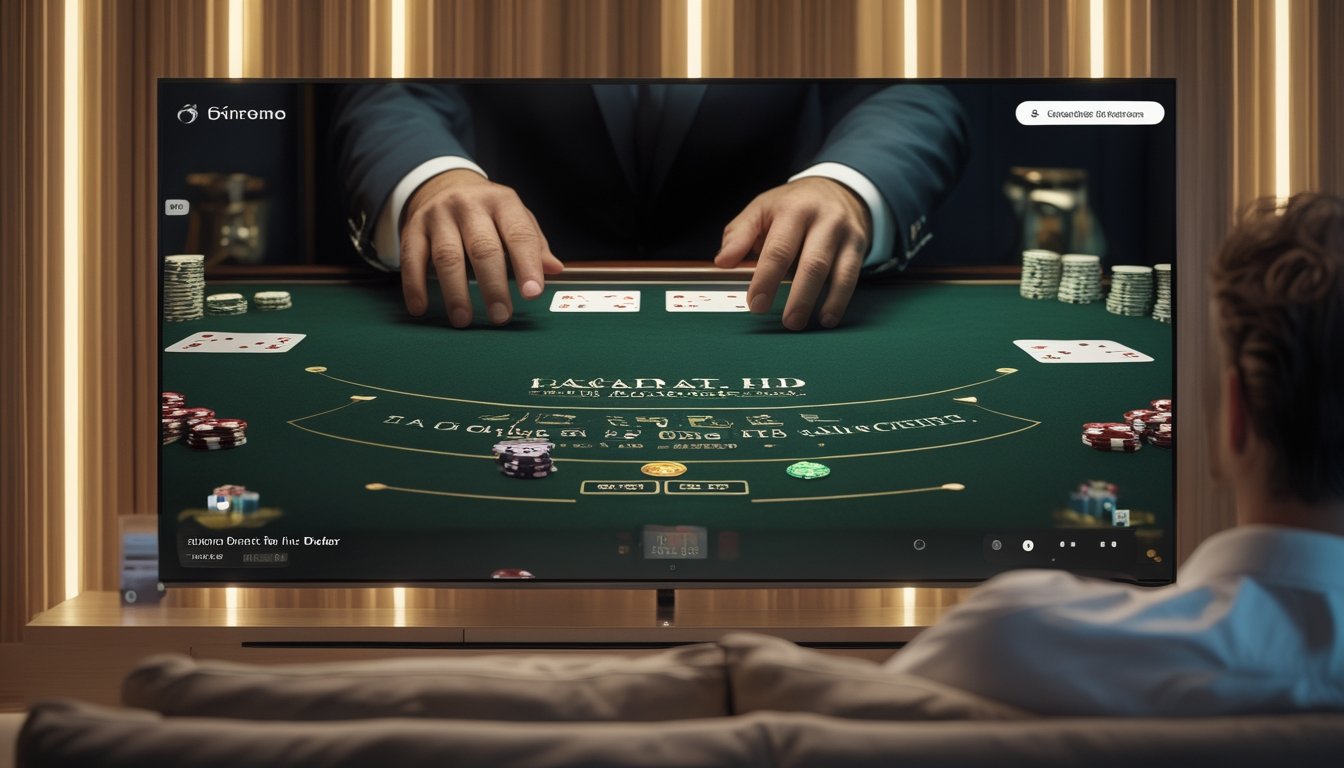 Seseorang menonton permainan baccarat langsung di televisi dari ruang keluarga modern.