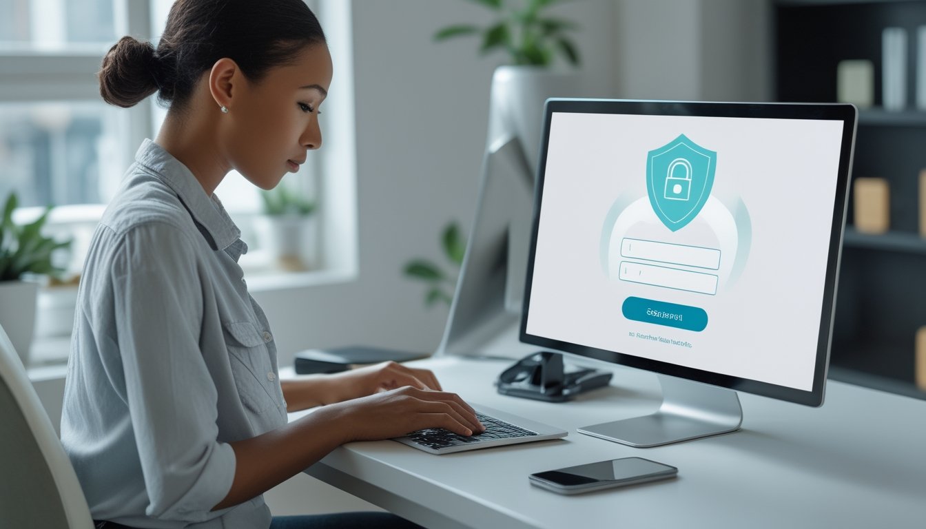 Orang dewasa mendaftarkan akun digital melalui laptop dengan ponsel dan simbol keamanan di meja.
