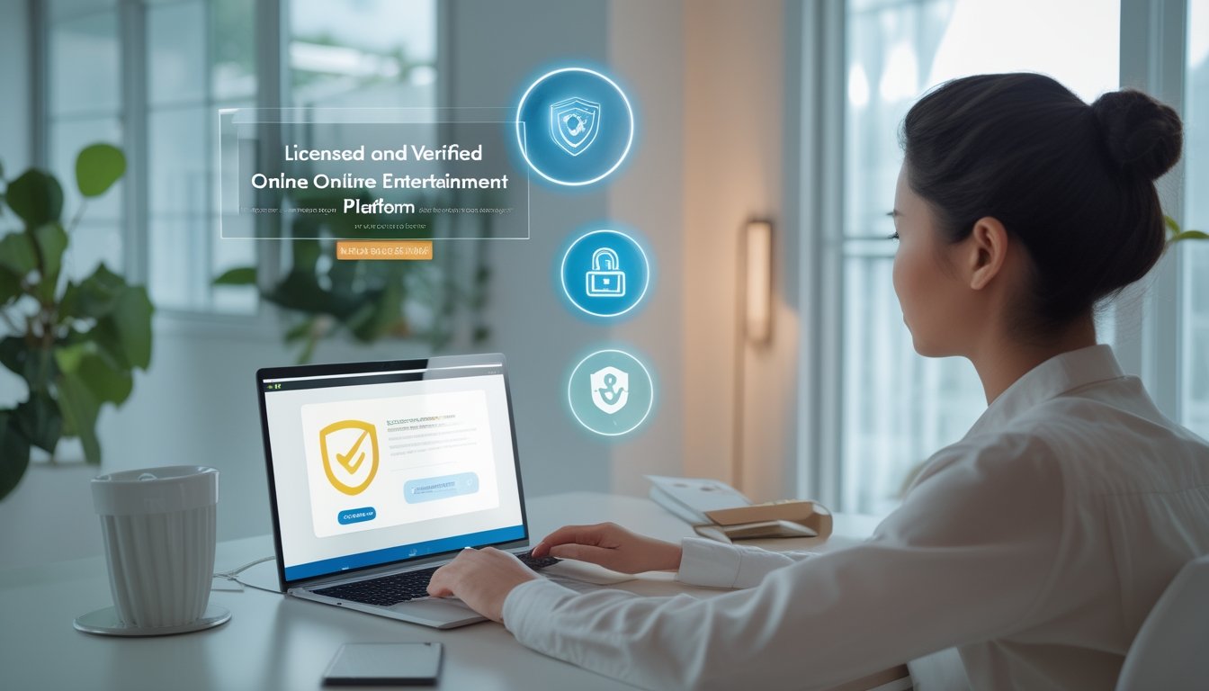 Orang dewasa memeriksa platform digital dengan simbol verifikasi dan keamanan di meja kerja.