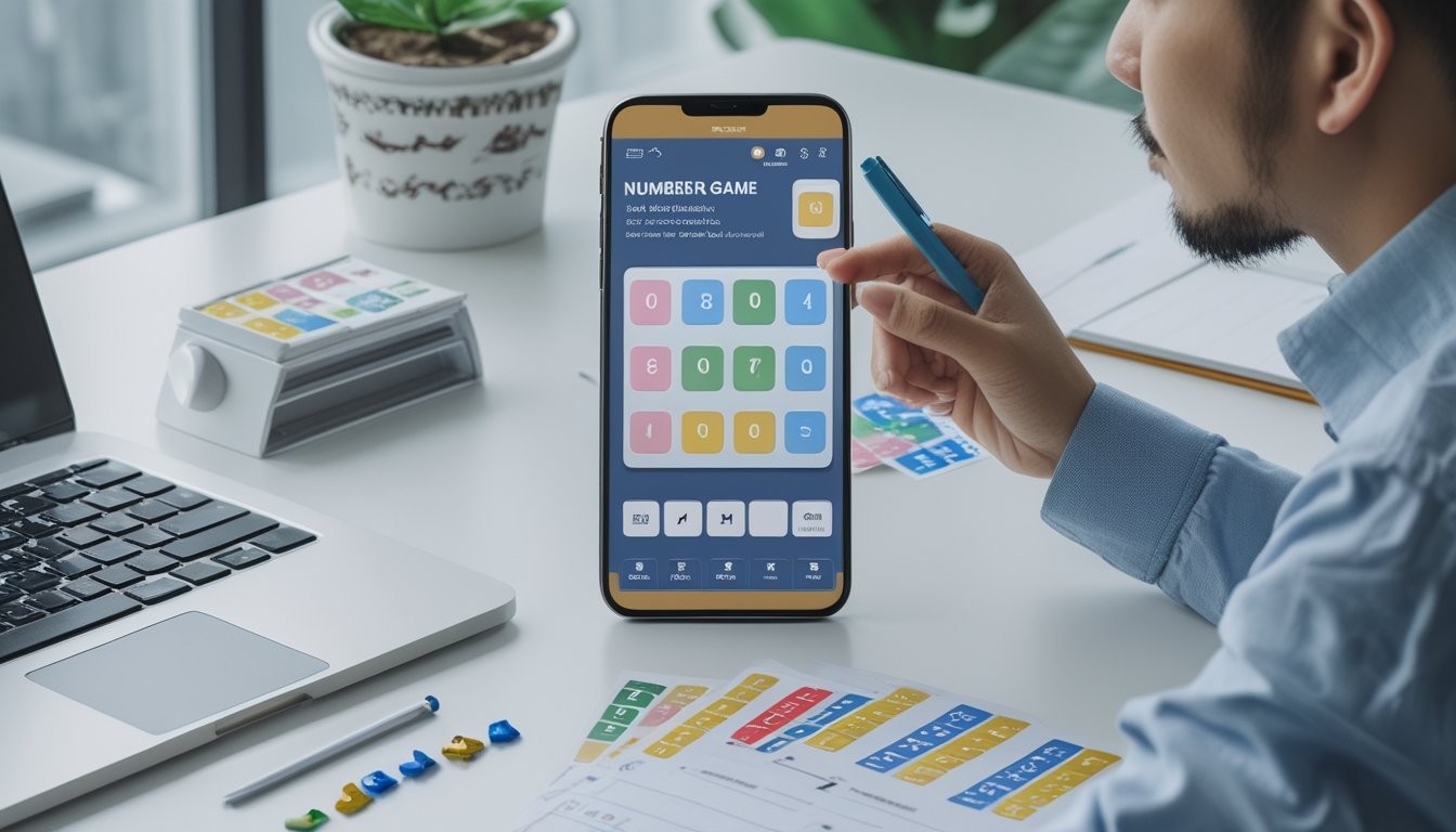 Seseorang mempelajari permainan angka empat digit menggunakan ponsel, laptop, kalkulator, dan catatan di meja kerja.