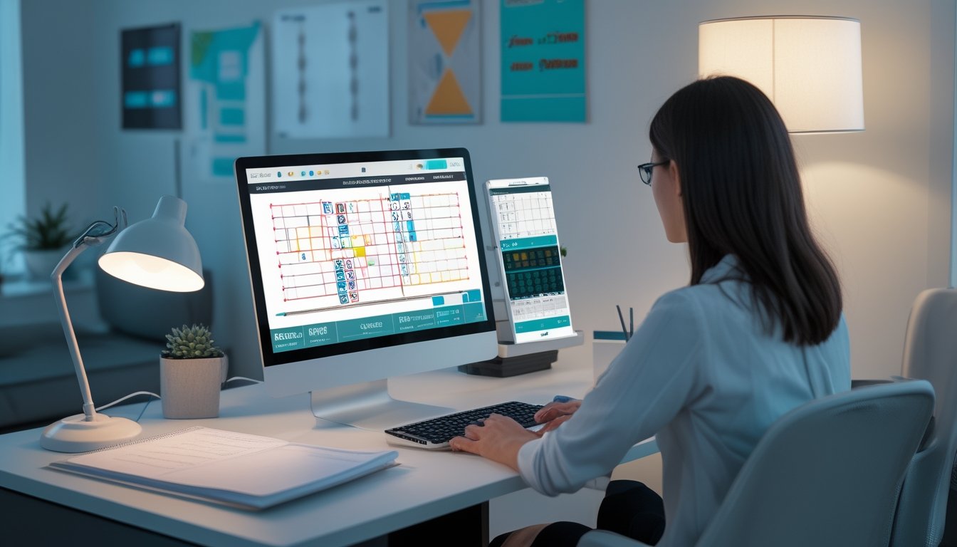 Seseorang mempelajari tampilan angka dan grafik abstrak di meja kerja modern.