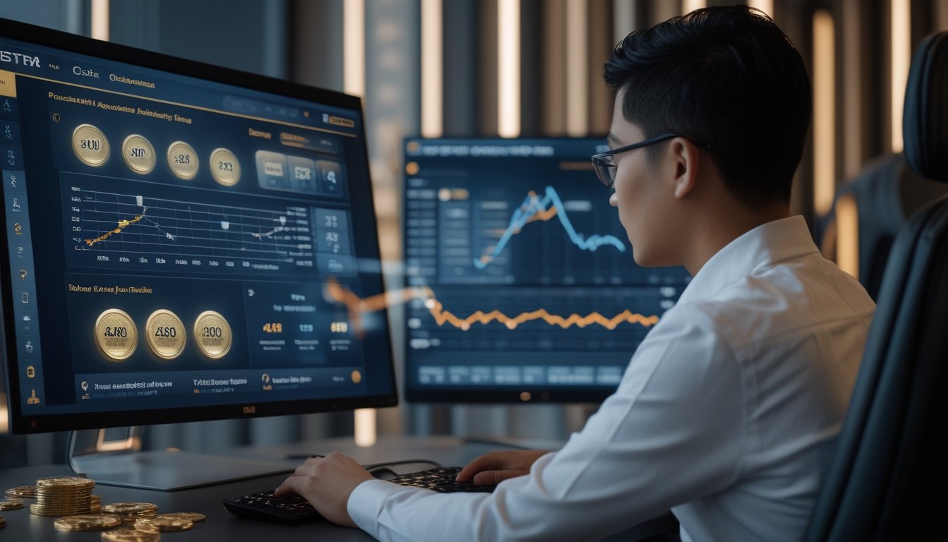 Seseorang menganalisis grafik dan data permainan slot di ruang kerja modern.