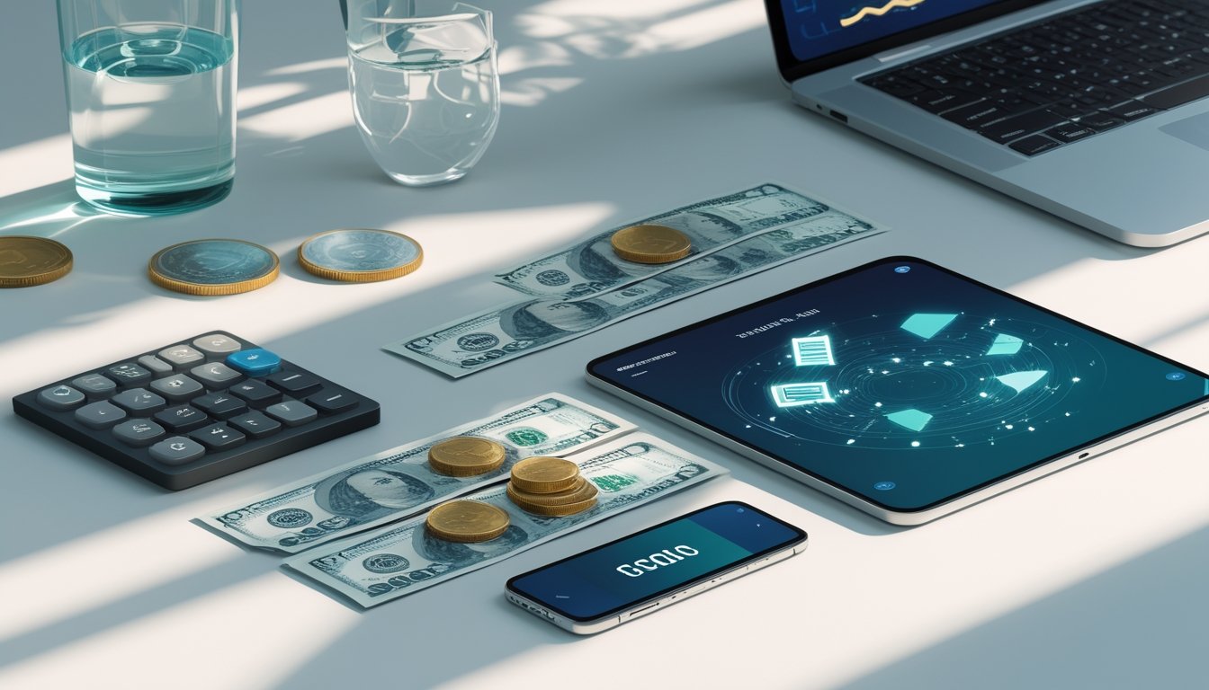 Meja kerja modern dengan laptop, ponsel, kalkulator, dan uang rupiah.