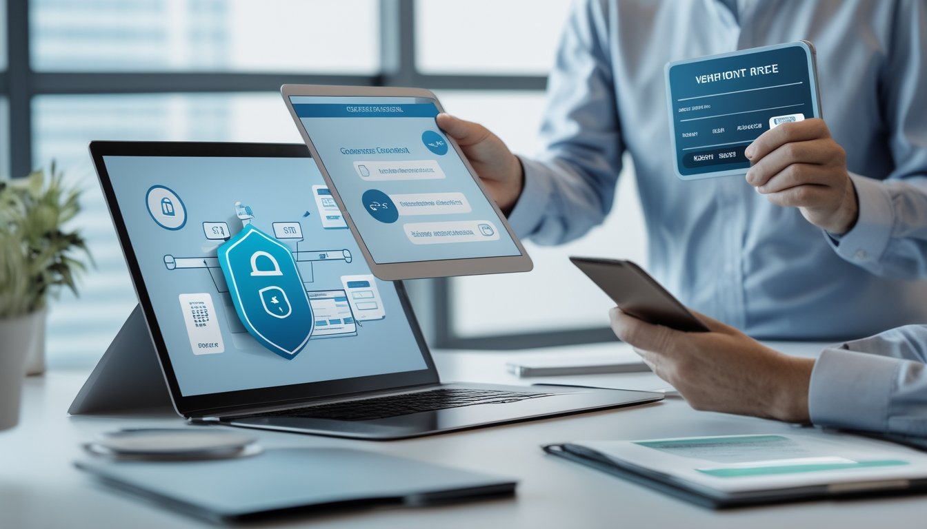 Analis keamanan meninjau keamanan dan kepatuhan platform digital di meja kerja.