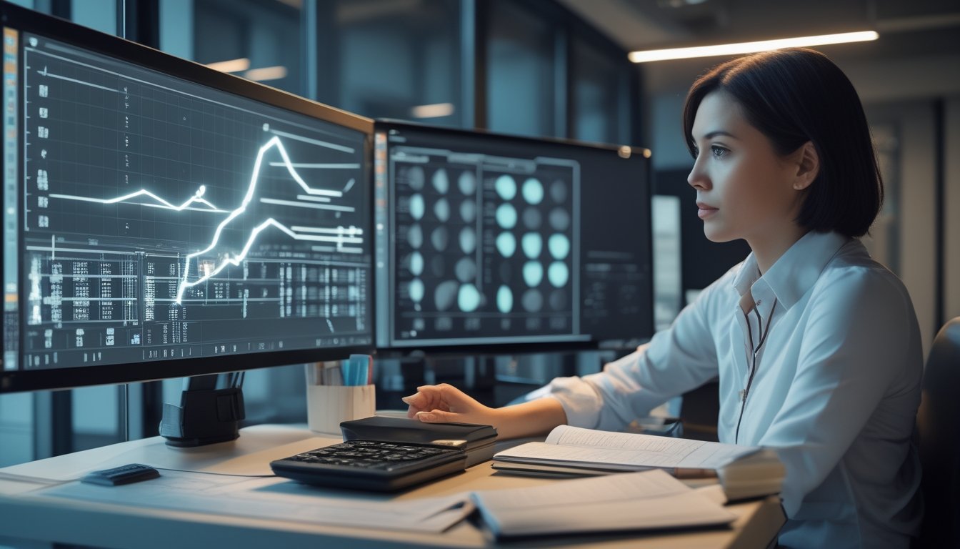 Seorang analis mempelajari grafik probabilitas dan pola angka di meja kerja dengan kalkulator serta catatan.