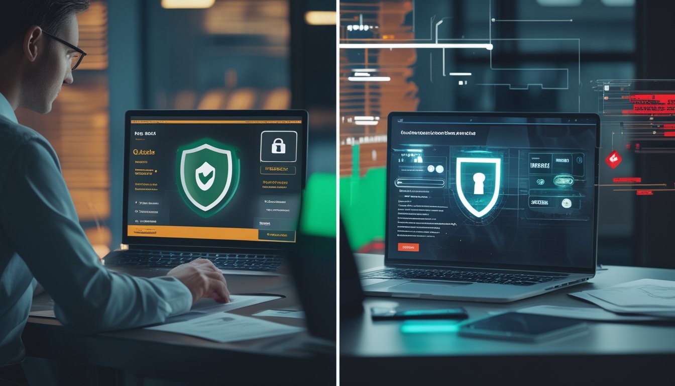 Seseorang membandingkan dua tampilan situs digital, dengan simbol keamanan di satu sisi dan tanda peringatan penipuan di sisi lainnya.