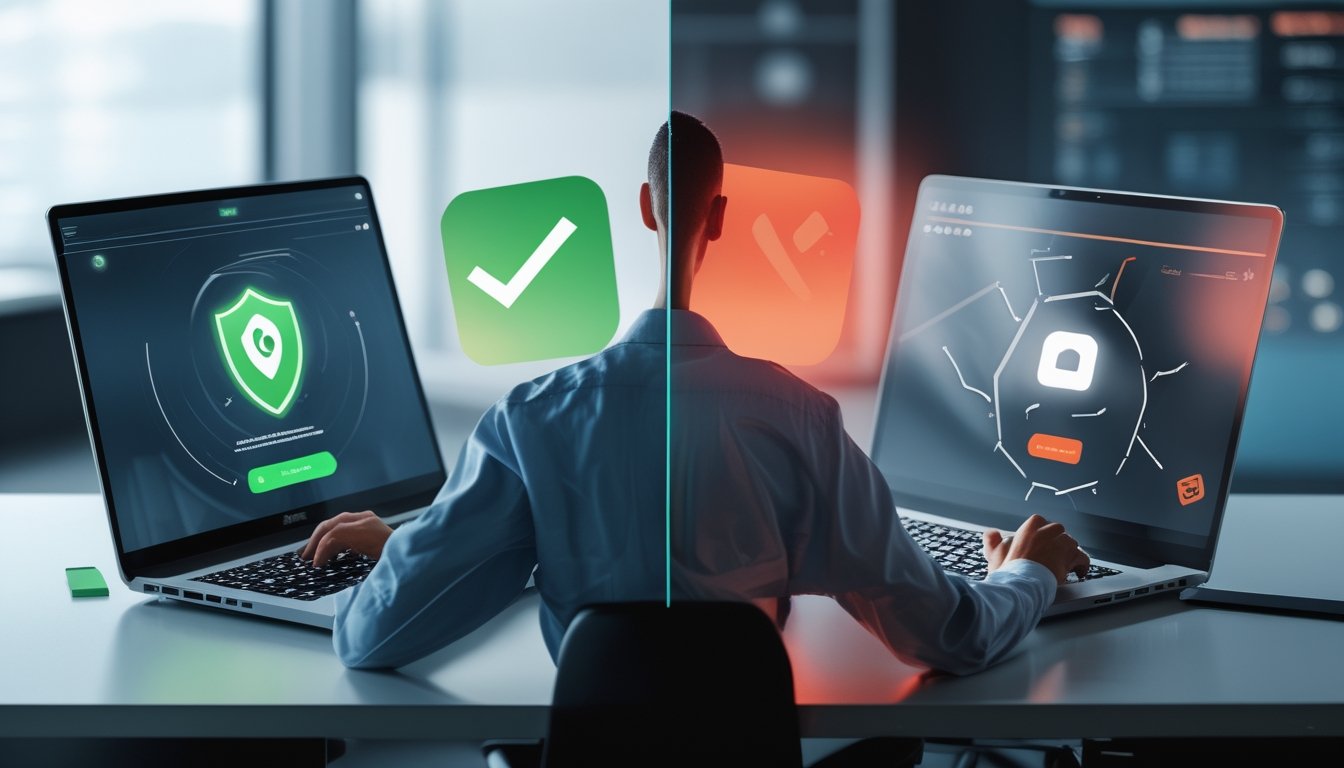 Seseorang membandingkan dua platform digital, dengan simbol keamanan di satu sisi dan tanda peringatan di sisi lainnya.