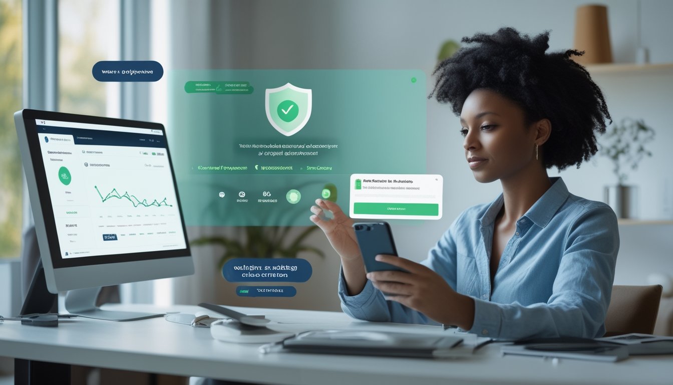 Orang dewasa menggunakan laptop dan ponsel dengan simbol keamanan serta konfirmasi pembayaran digital.