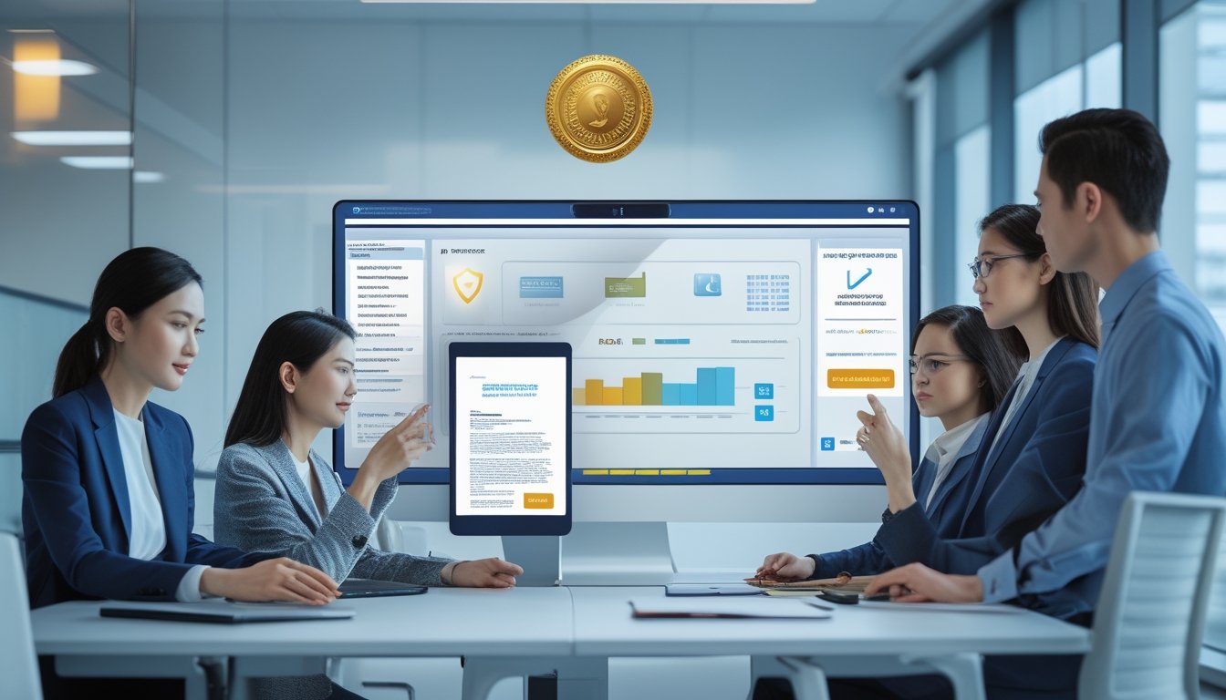 Tim profesional meninjau keamanan dan legalitas sebuah platform digital di kantor modern.