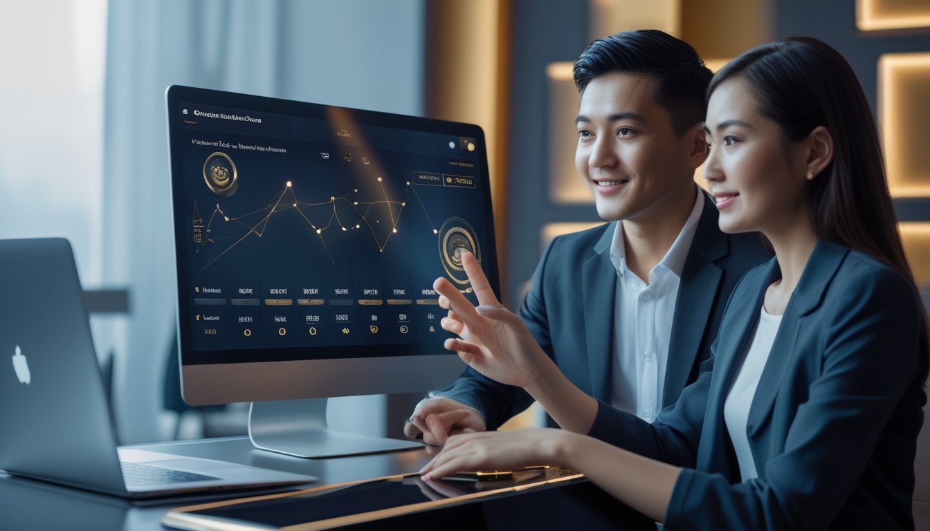 Dua orang dewasa meninjau dasbor digital dengan grafik kinerja pada suasana modern.