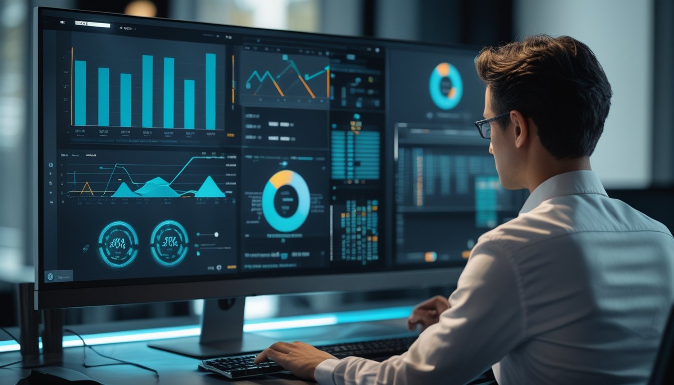 Seseorang menganalisis grafik data abstrak pada monitor di ruang kerja modern.