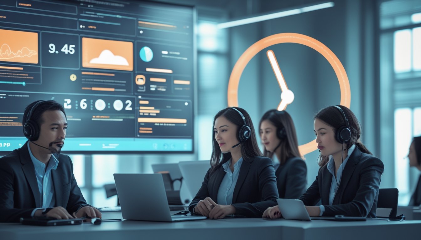 Tim layanan pelanggan bekerja di ruang kantor modern untuk mendukung platform daring sepanjang waktu.