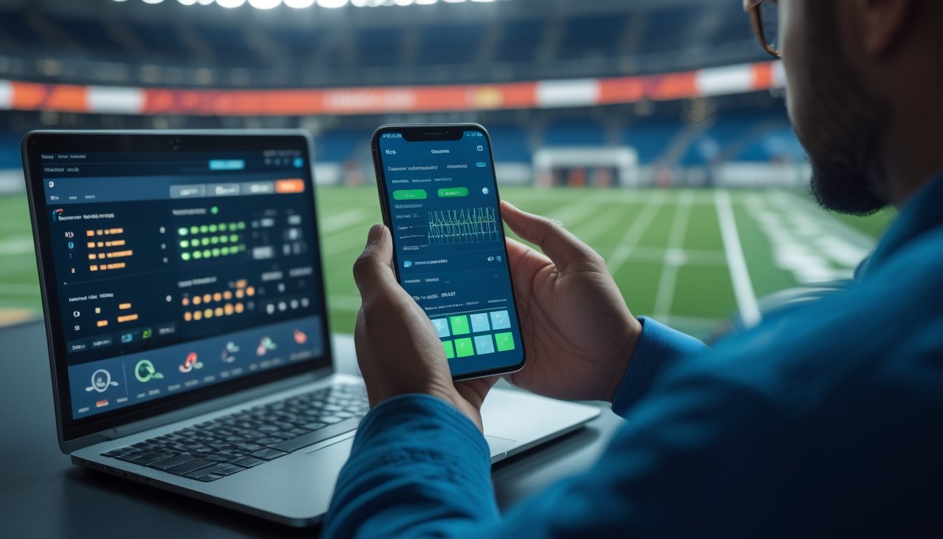 Orang dewasa melihat aplikasi statistik olahraga pada ponsel di ruang kerja modern dengan latar stadion yang samar.