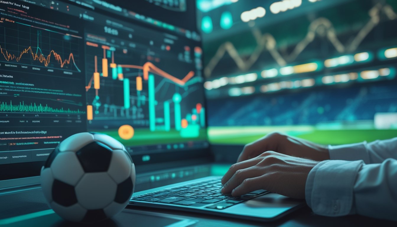 Analis menggunakan data AI untuk memprediksi hasil pertandingan sepak bola di ruang kerja modern.