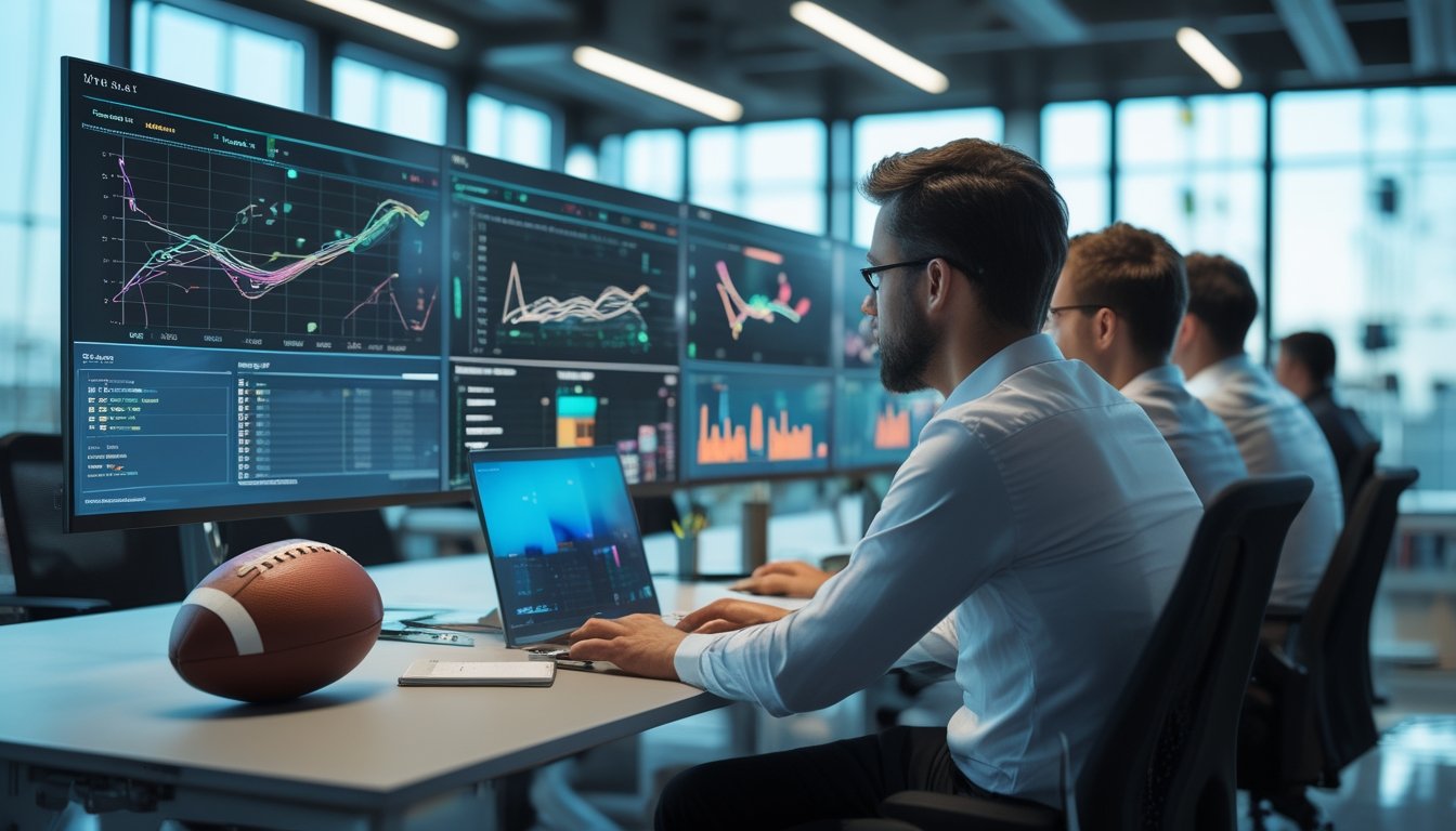 Tim analis mempelajari data prediksi pertandingan sepak bola berbasis AI di ruang kerja modern.