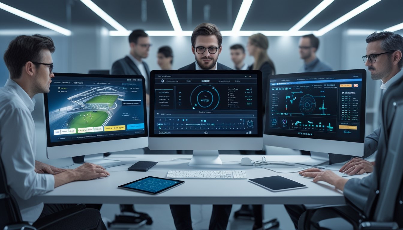 Orang dewasa menganalisis data eSports dan olahraga virtual pada beberapa perangkat digital.