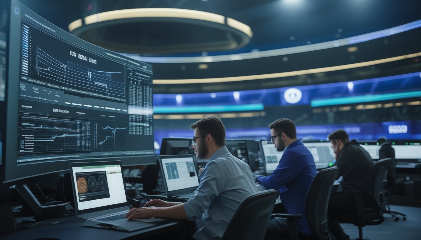 Analis dewasa mempelajari statistik eSports dan simulasi olahraga virtual di studio teknologi modern.