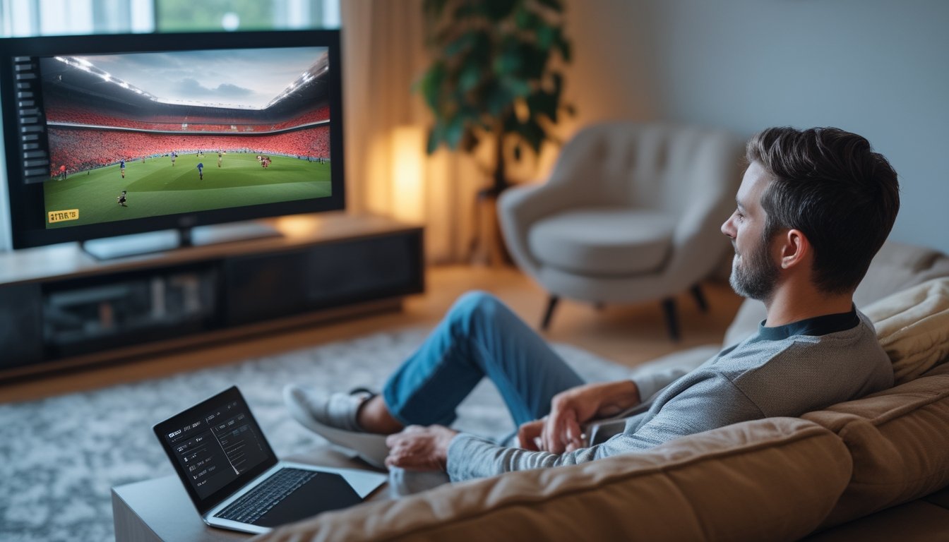 Penggemar olahraga menonton pertandingan sepak bola secara langsung di televisi sambil memantau perangkat digital di rumah.