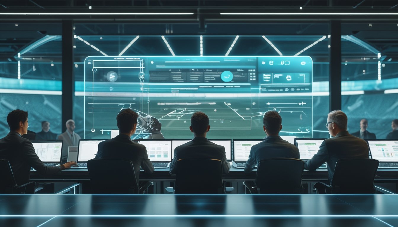 Analis teknologi memantau data taruhan olahraga berbasis blockchain di ruang kerja modern.