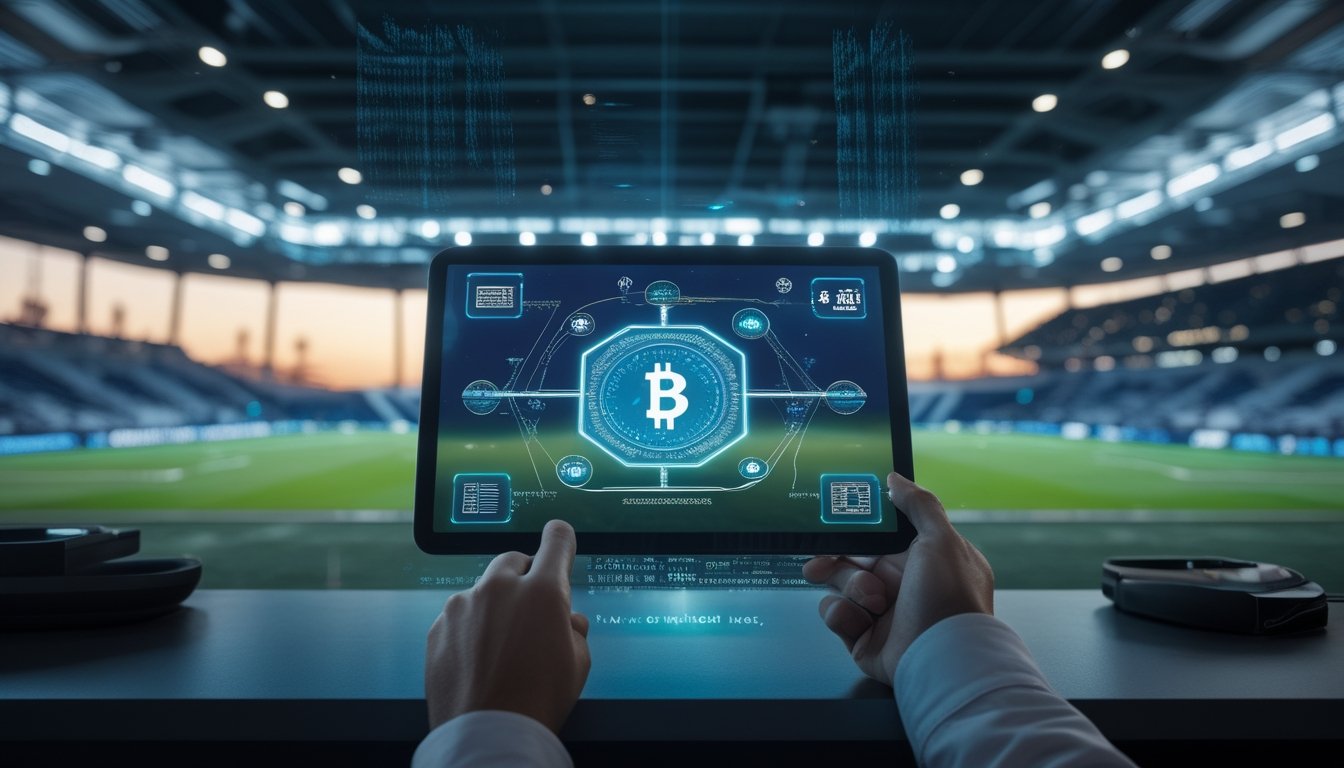 Stadion modern dengan pertandingan olahraga dan jaringan digital blockchain yang melambangkan taruhan olahraga berbasis kripto.