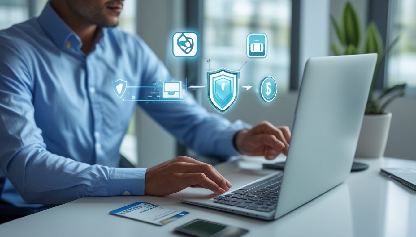 Orang dewasa menggunakan laptop dan ponsel untuk memeriksa transaksi keuangan digital dengan simbol keamanan.