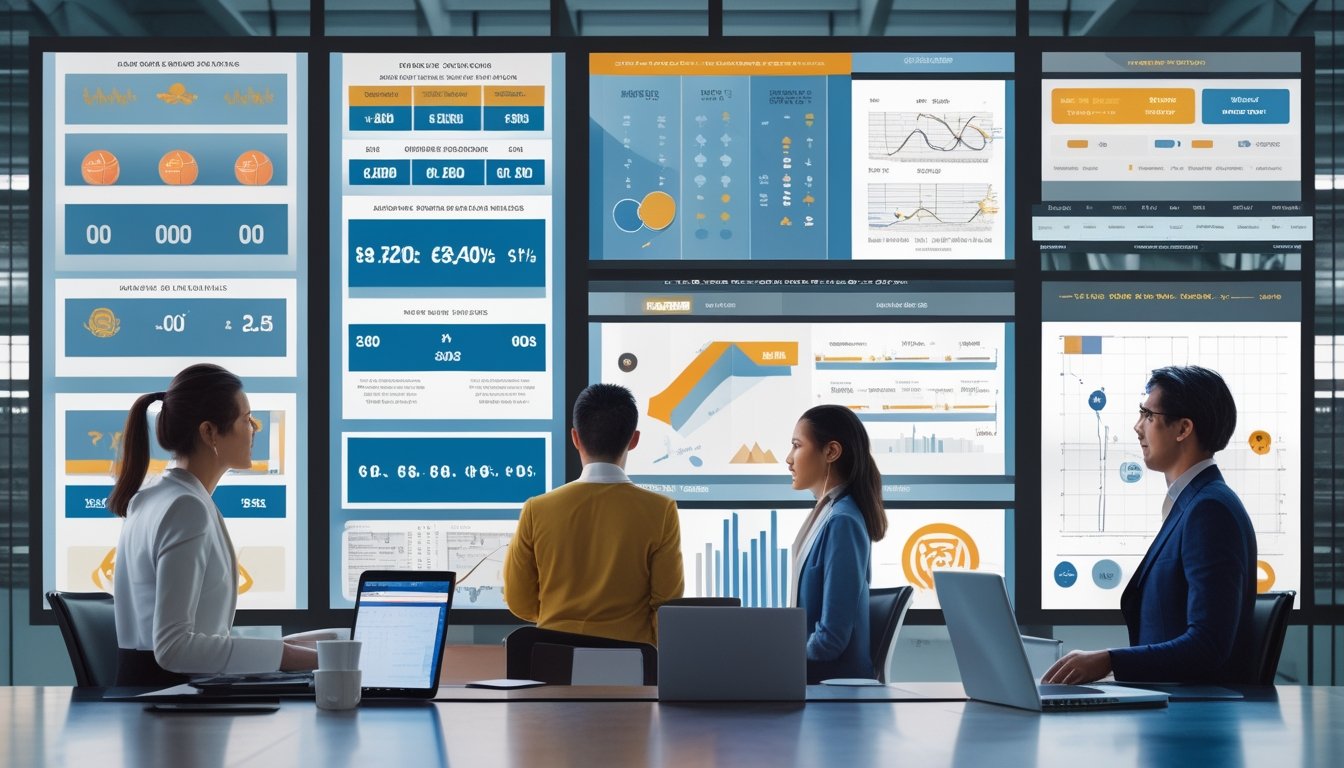 Tiga analis olahraga membandingkan data peluang pertandingan pada layar digital dalam ruang kerja modern.