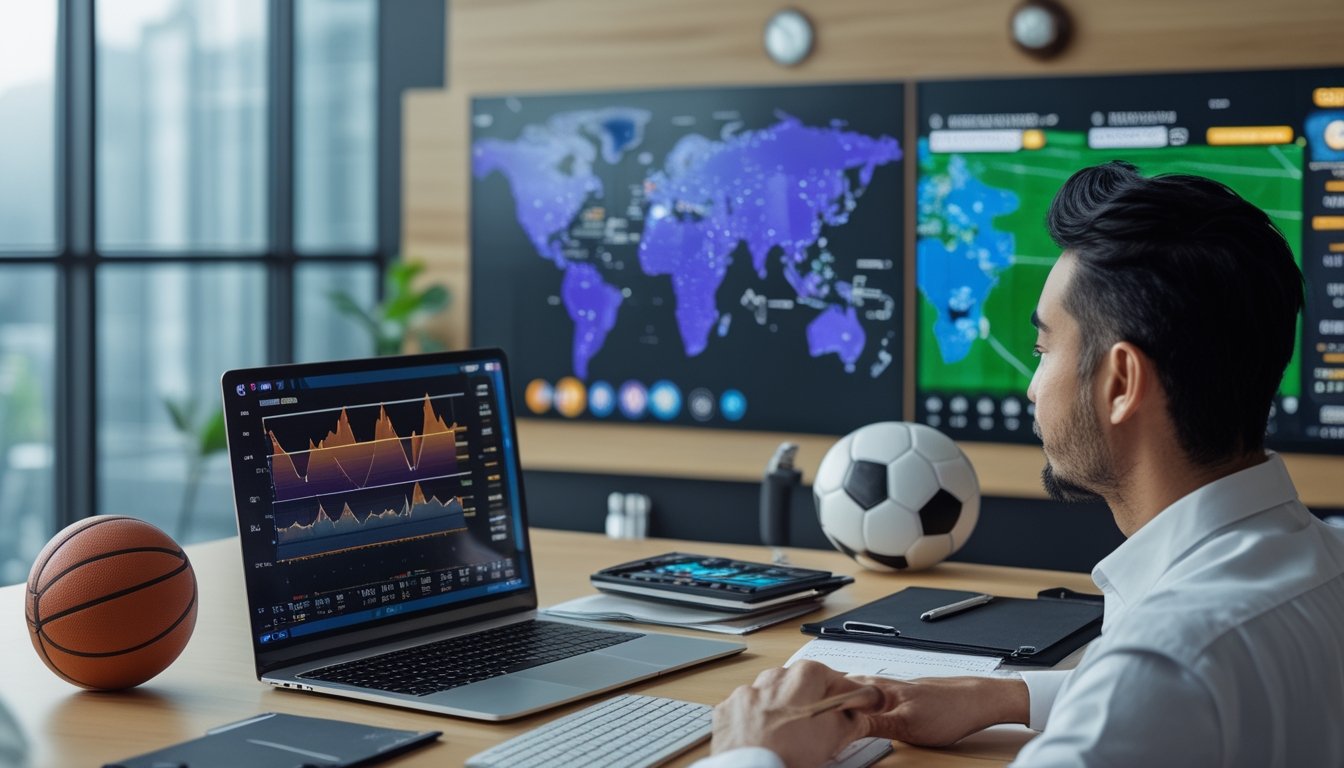 Analis olahraga membandingkan data pertandingan dan peluang taruhan di ruang kerja modern.