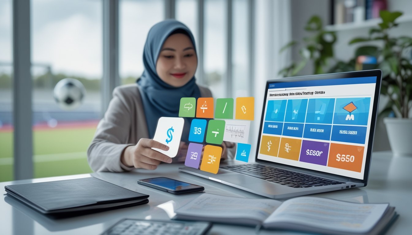 Orang dewasa membandingkan kartu promosi dan simbol cashback di laptop dan ponsel pada meja kerja.