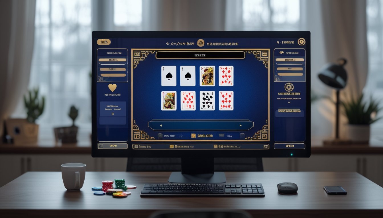 Seseorang menggunakan platform permainan kartu digital di ruang kerja modern dengan kartu dan chip di atas meja.