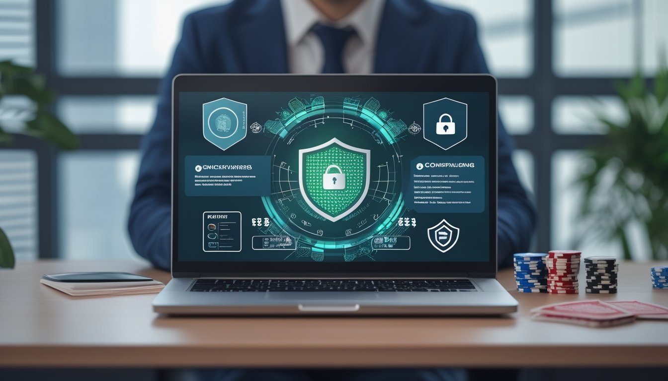 Orang dewasa memeriksa keamanan platform permainan kartu online di laptop dengan simbol gembok, perisai, dokumen, dan kartu di meja.