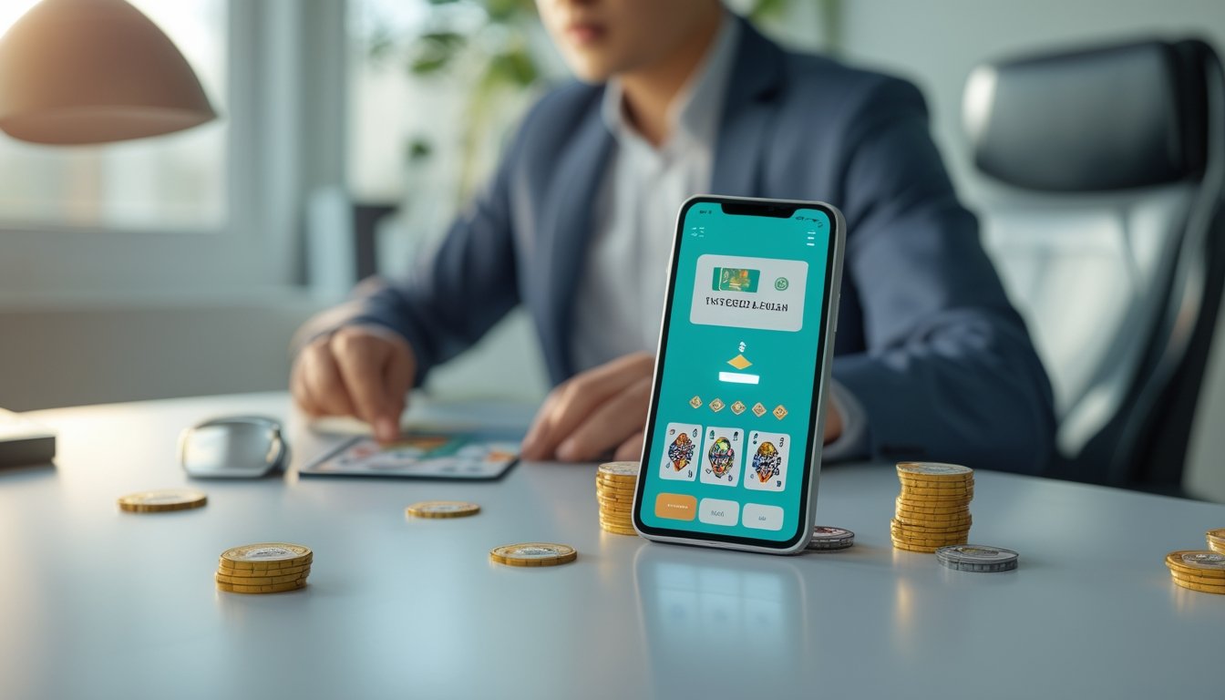 Seseorang menggunakan ponsel untuk memainkan permainan kartu digital dengan tampilan dompet dan grafik keuangan di meja kerja modern.
