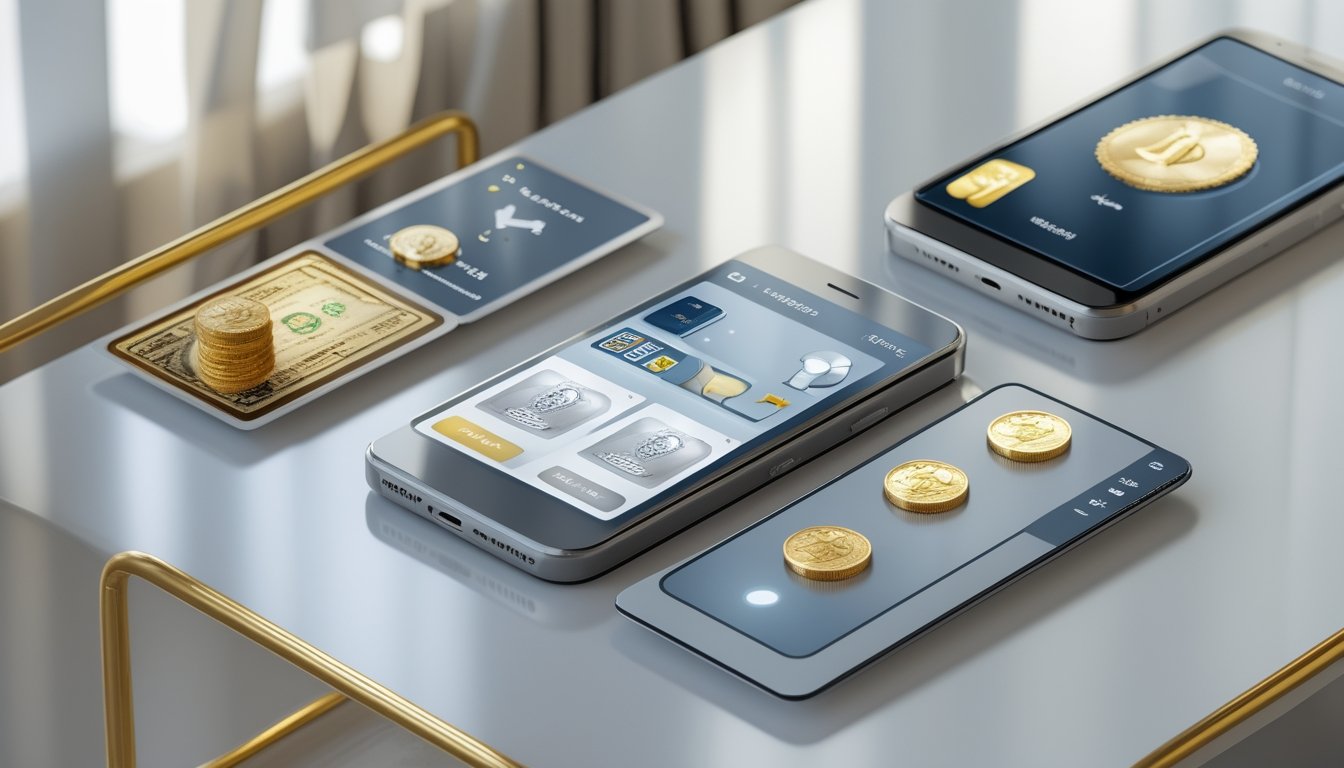 Smartphone menampilkan permainan kartu digital dengan simbol hadiah dan dompet elektronik di atas meja modern.