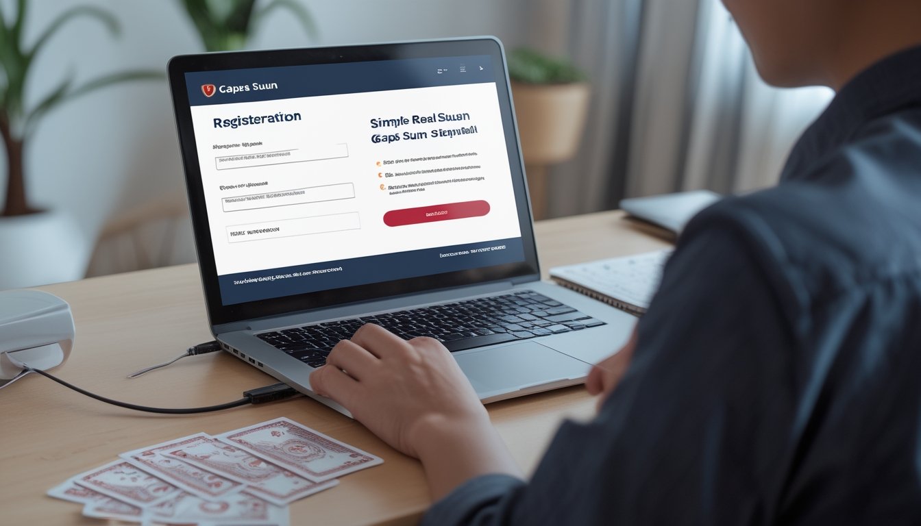 Seseorang mendaftarkan akun permainan kartu online melalui laptop di meja kerja yang rapi.