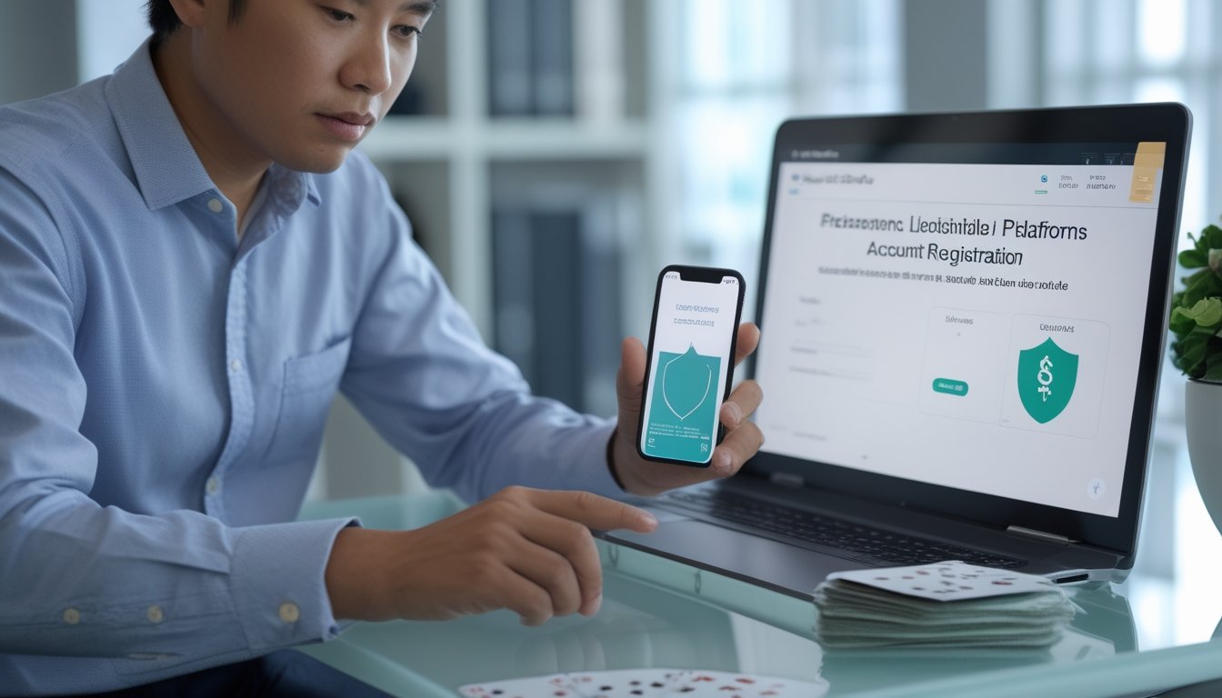 Orang dewasa memeriksa pendaftaran akun permainan kartu melalui ponsel di meja kerja dengan kartu identitas dan simbol keamanan.