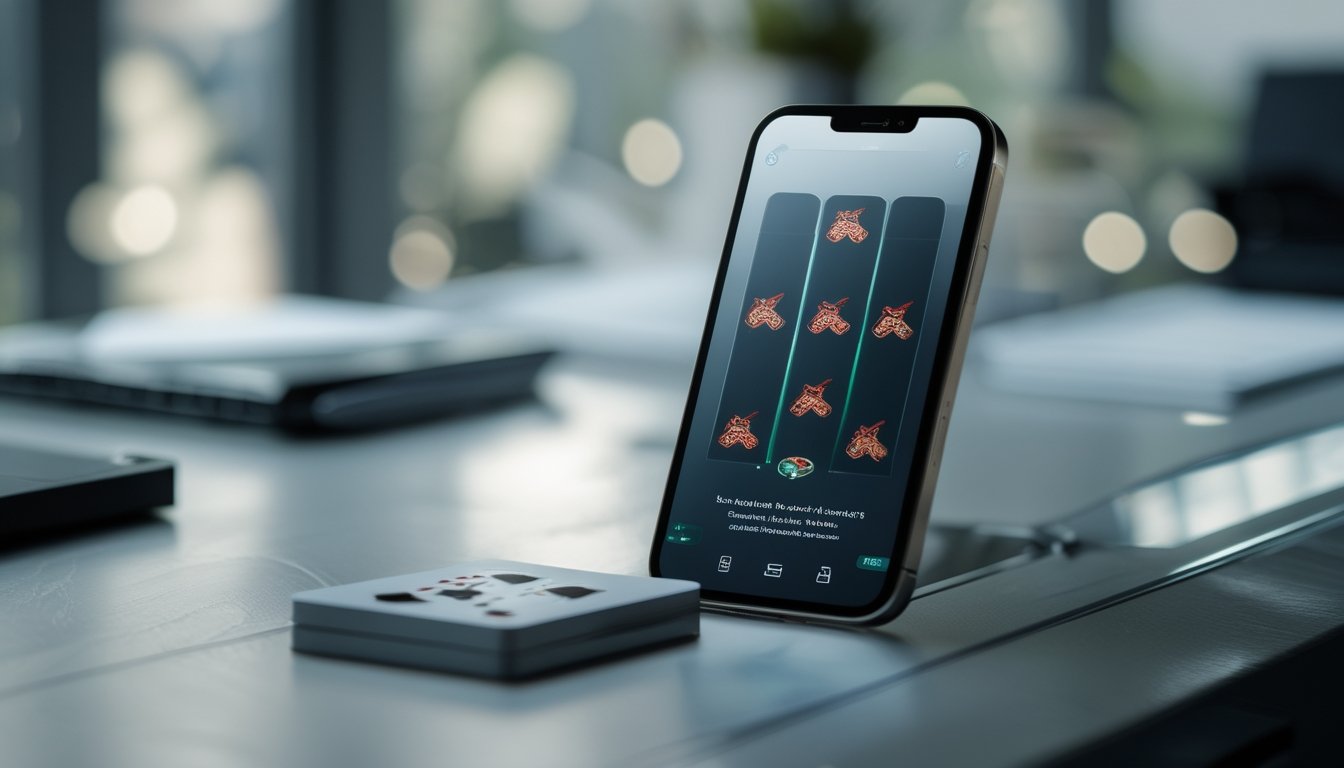 Ponsel modern menampilkan permainan kartu digital dengan kartu tersusun rapi di atas meja.