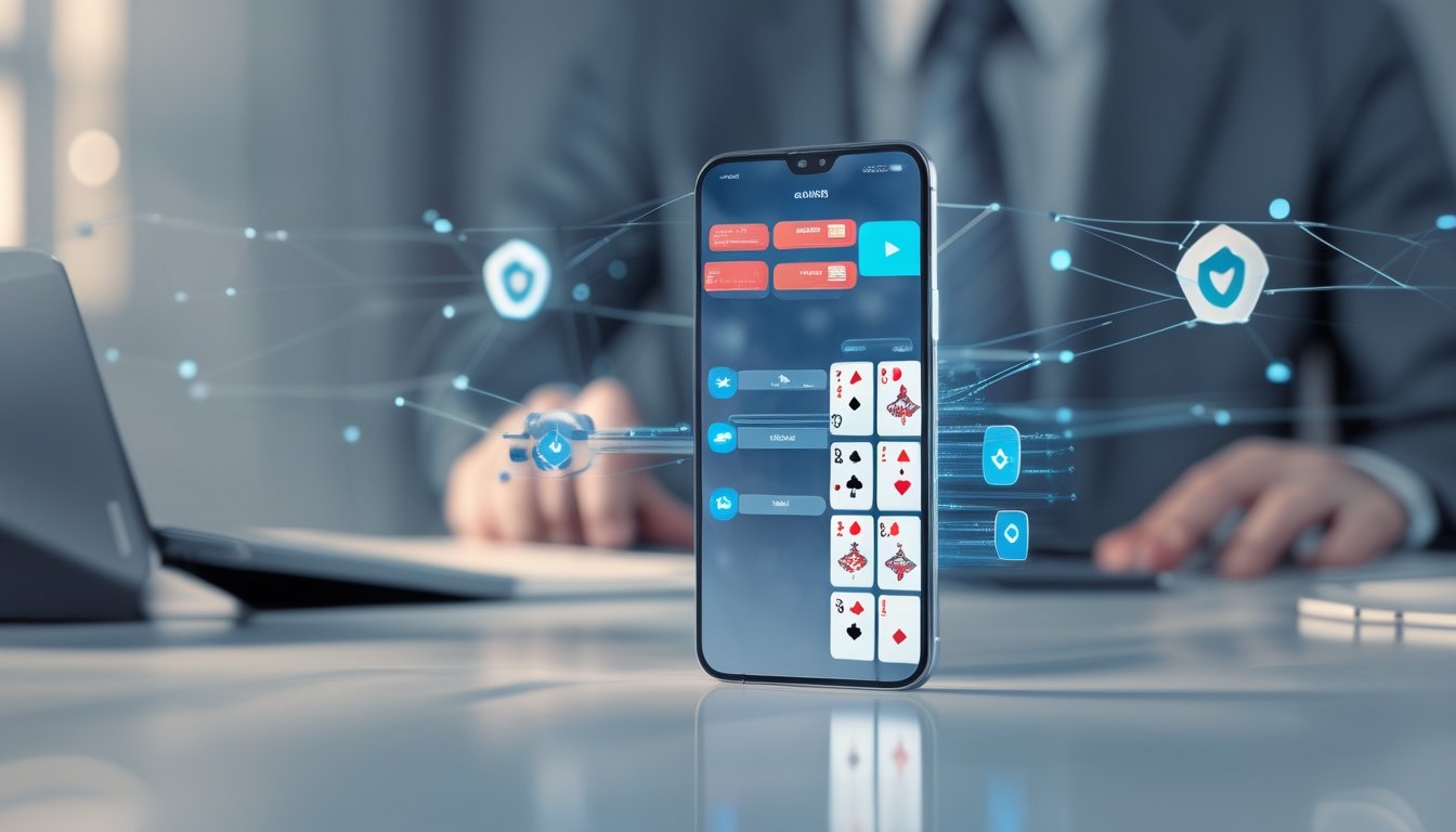 Smartphone menampilkan permainan kartu digital dengan simbol keamanan dan koneksi cadangan di meja modern.