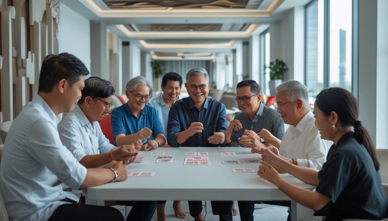 Sekelompok orang Indonesia bermain Capsa Susun bersama di sebuah ruang komunitas yang cerah.