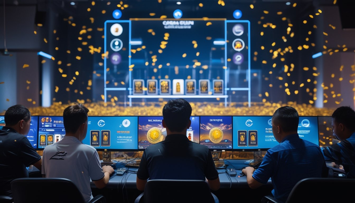 Pemain dewasa mengikuti turnamen kartu online dengan layar digital, hadiah besar, dan suasana kompetitif.