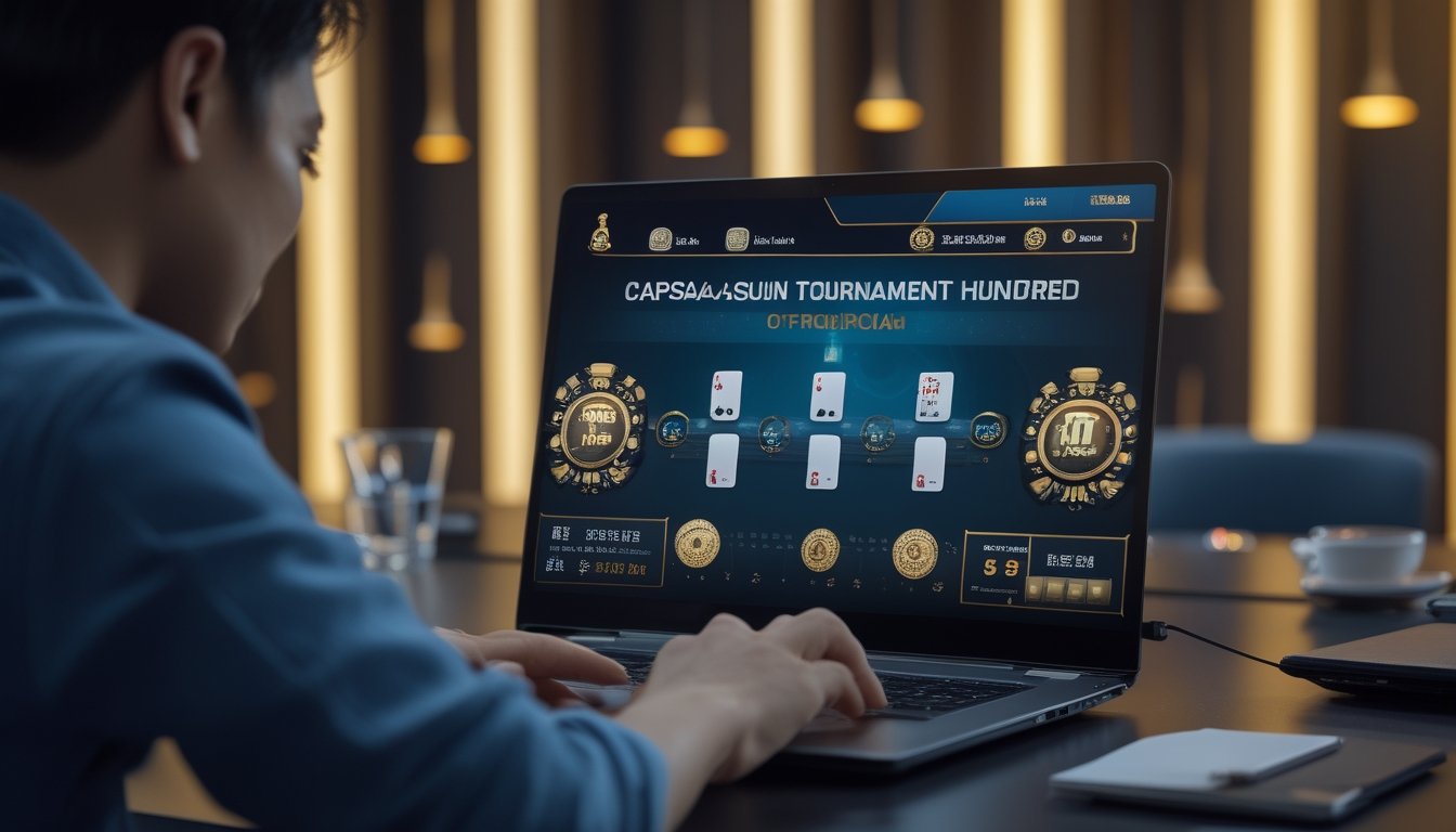 Pemain mengikuti turnamen kartu online melalui laptop dengan tampilan peringkat dan hadiah.