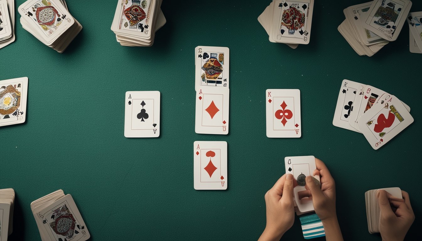 Kartu remi tersusun dalam tiga baris di atas meja felt hijau untuk permainan Capsa Susun.