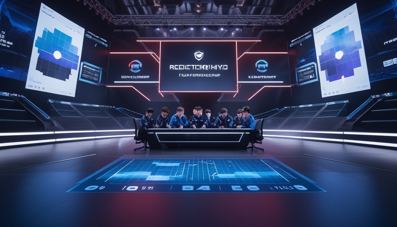 Suasana arena esports dengan pemain profesional dan tampilan analitik abstrak untuk memprediksi turnamen.