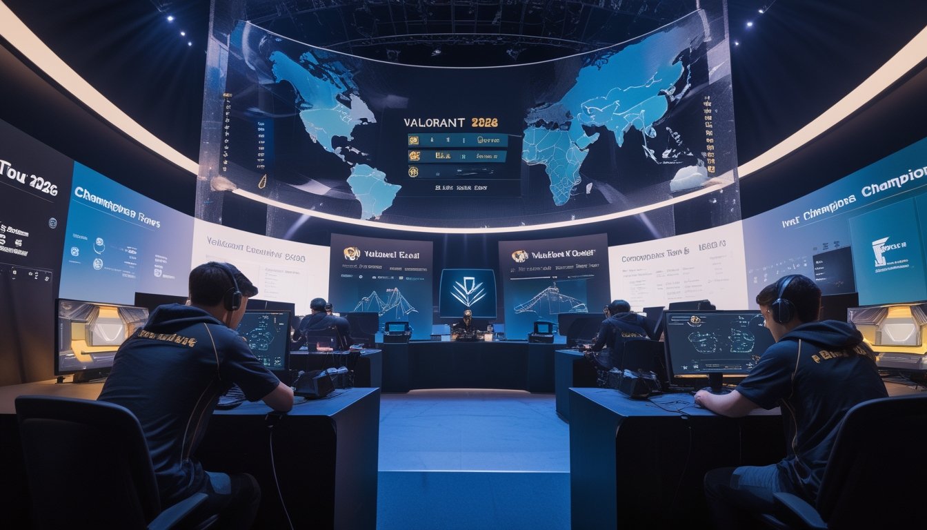 Dua tim pemain esports bertanding di arena futuristis dengan visualisasi peta dan grafik abstrak di latar belakang.